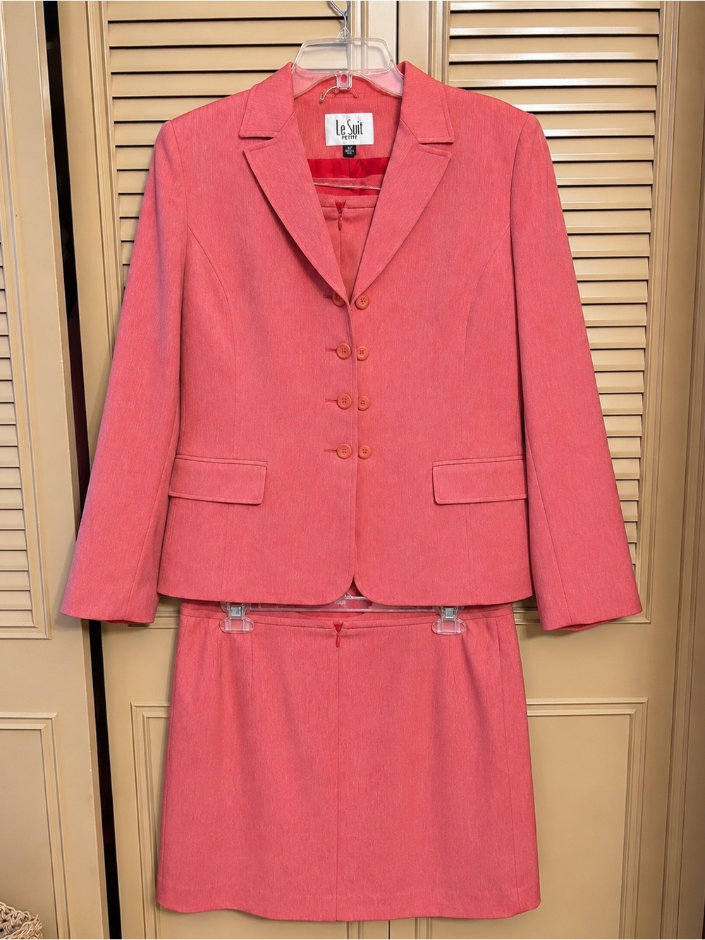 Le Suit Petite Coral Pink 2 Piece Skirt Suit Blazer Set